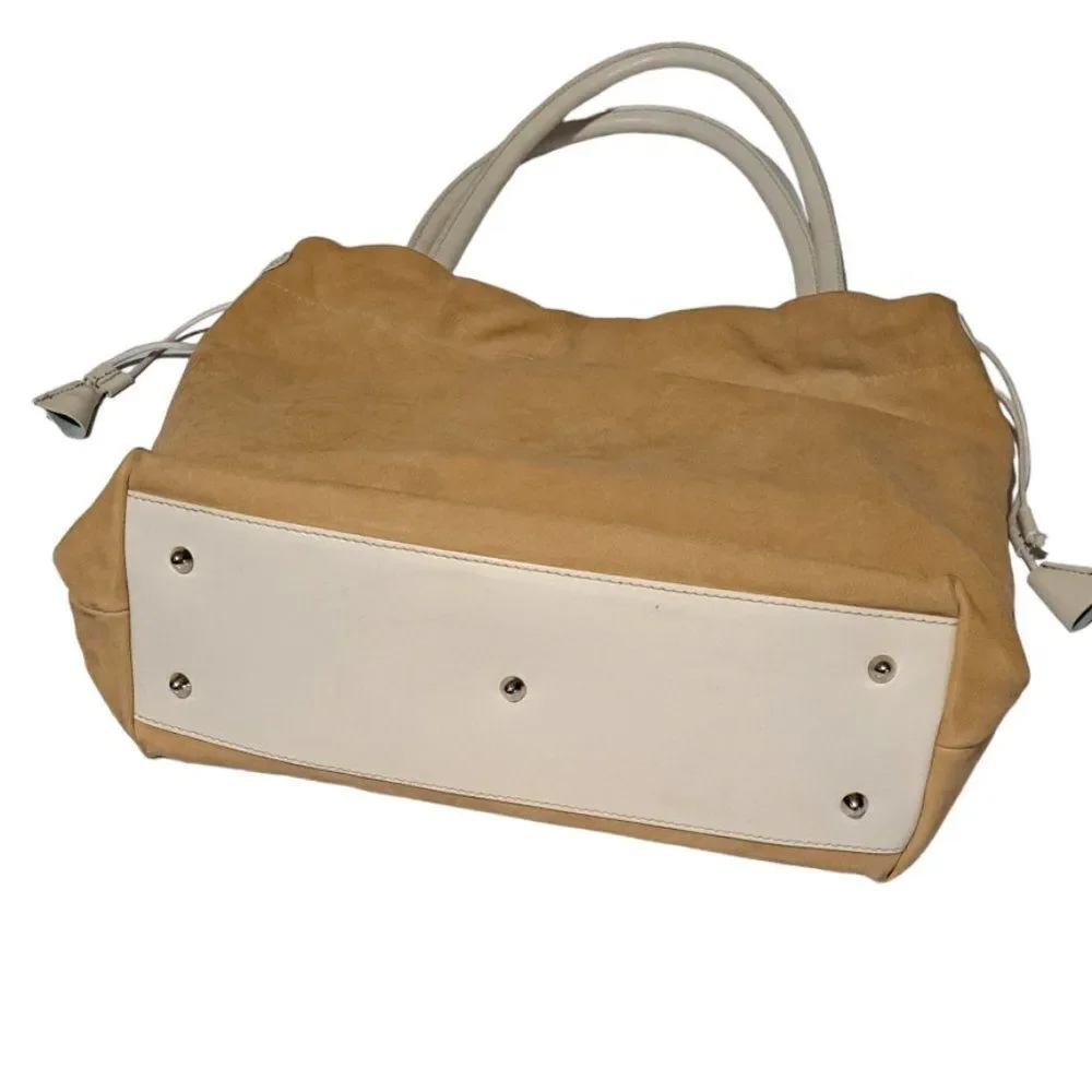Furla Women's Tan Suede White Leather Trim Drawstring  Shoulder Purse Bag